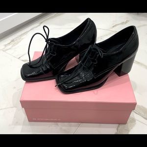 Intentionally Blank Black Patent Square Toe Oxford with Heel